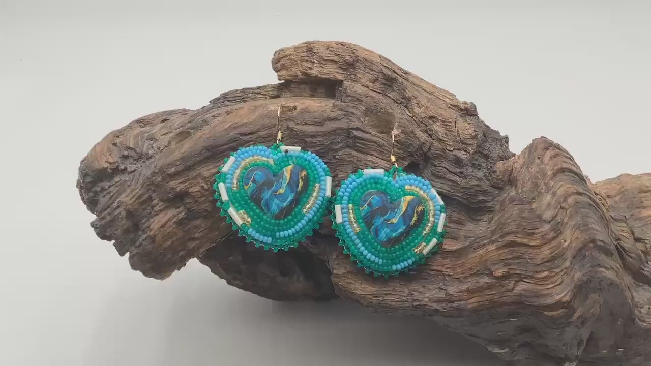 Hand Beaded Heart Earrings - Ojibwe Anishinaabe Design