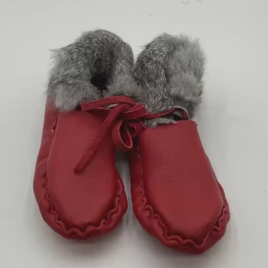 Handmade Red Leather Moccasins – Anishinaabe/Ojibwe Artisan, Size: Large