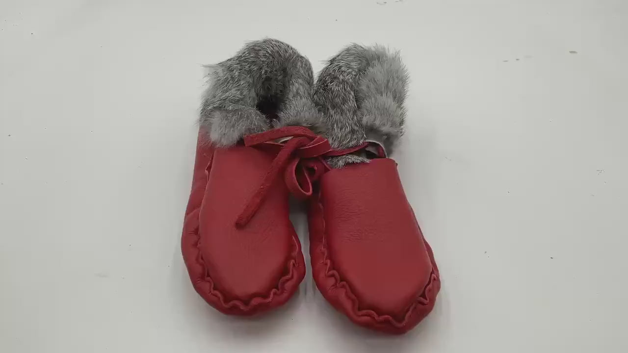 Handmade Red Leather Moccasins – Anishinaabe/Ojibwe Artisan, Size: Large