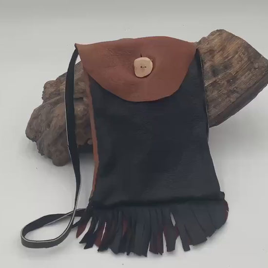 Hand Made Black & Brown Leather Bag - Authentic Anishinaabe/Ojibwe Made - Free Shipping