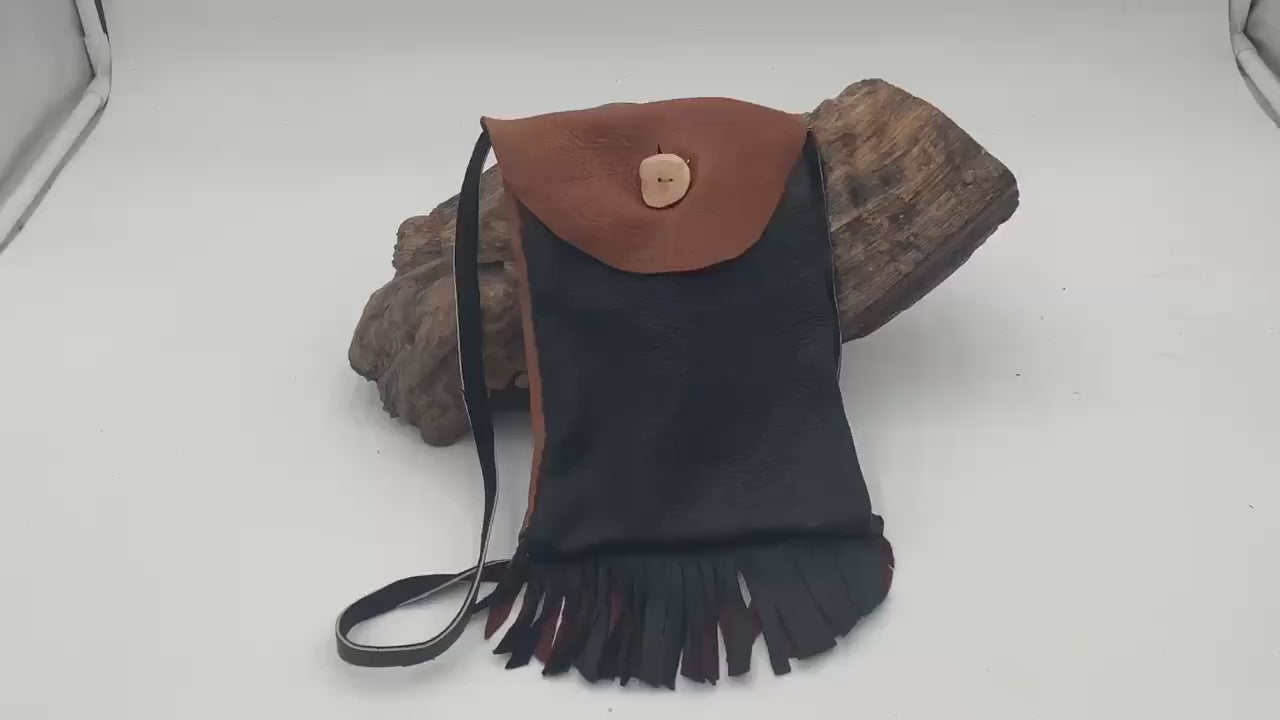 Hand Made Black & Brown Leather Bag - Authentic Anishinaabe/Ojibwe Made - Free Shipping