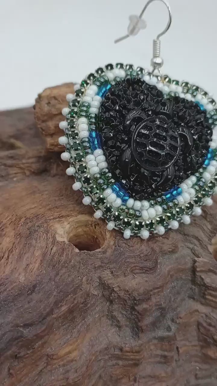 3D turtle Indigenous Beaded Heart Earrings – Black Turtle, Czech Glass