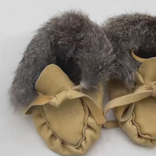 Deer Leather Baby Moccasins with Rabbit Fur Trim - Ojibwe/Anishinaabe Made - Free Shipping