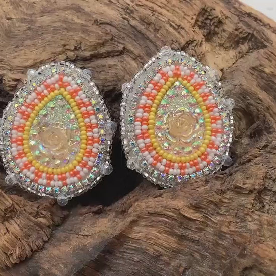 Hand Beaded Resin Flower Center Earrings: Anishinaabe/Ojibwe Beadwork