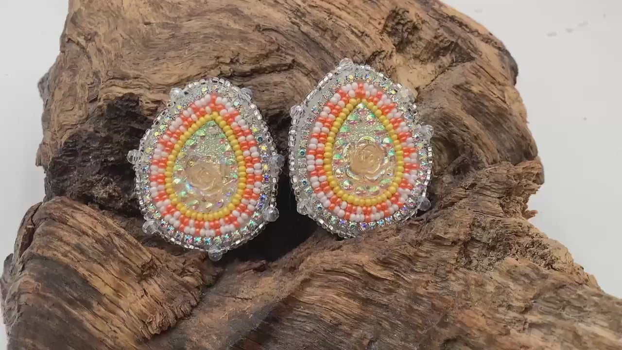 Hand Beaded Resin Flower Center Earrings: Anishinaabe/Ojibwe Beadwork