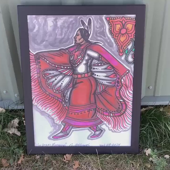 Ojibwe Woman in Fancy Shawl Regalia Framed Canvas Print by David Edwards (20 3/4 x 27)