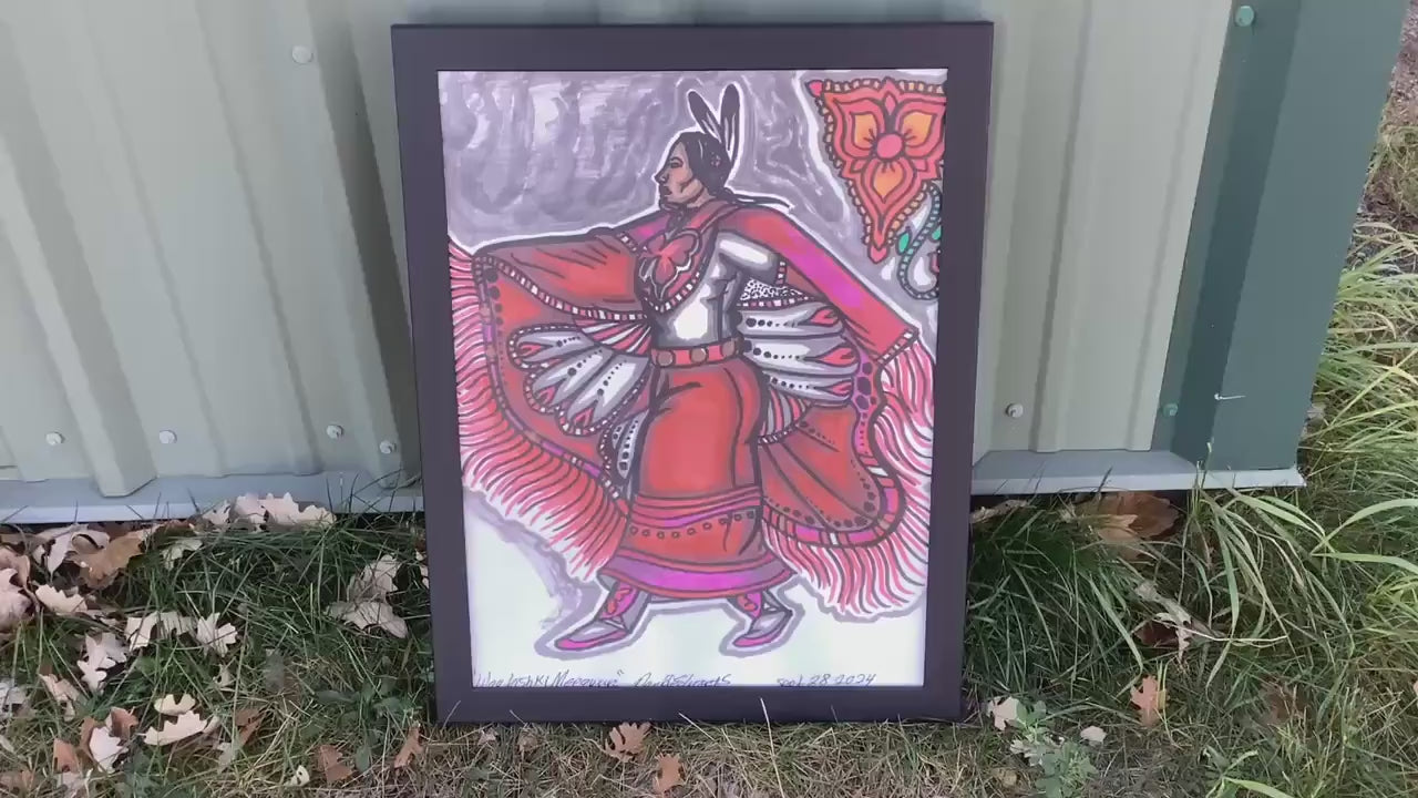 Ojibwe Woman in Fancy Shawl Regalia Framed Canvas Print by David Edwards (20 3/4 x 27)