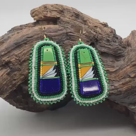 Green Hand Beaded Rectangular Earrings - Authentic Anishinaabe/Ojibwe Beadwork