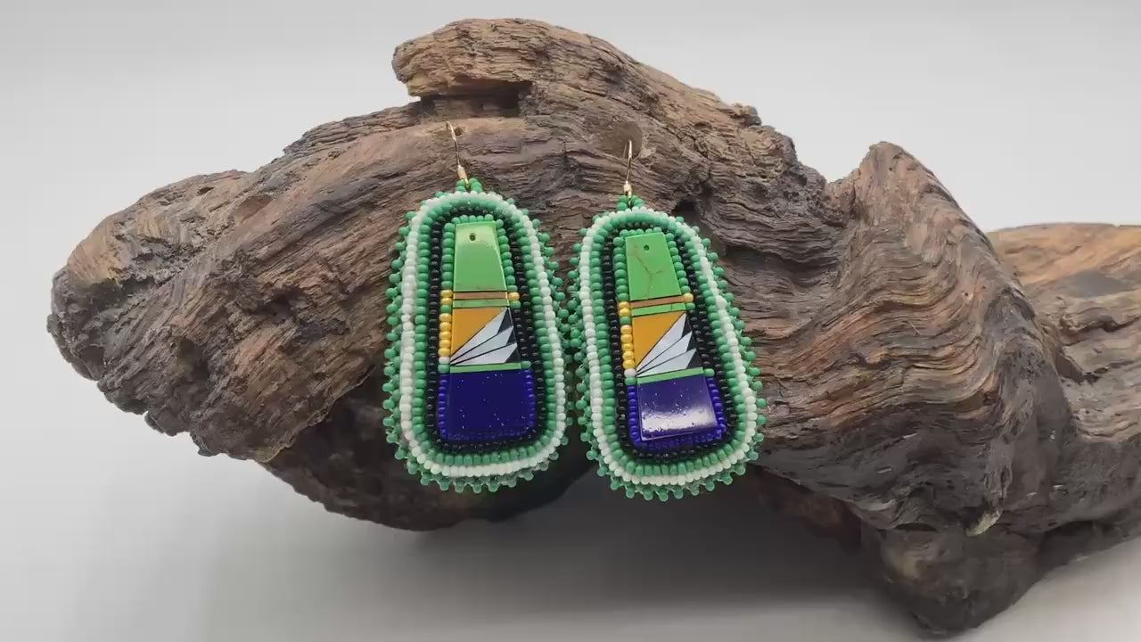 Green Hand Beaded Rectangular Earrings - Authentic Anishinaabe/Ojibwe Beadwork