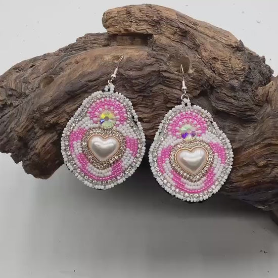 Hand Beaded Pink & White Heart Earrings – Authentic Anishinaabe Beadwork