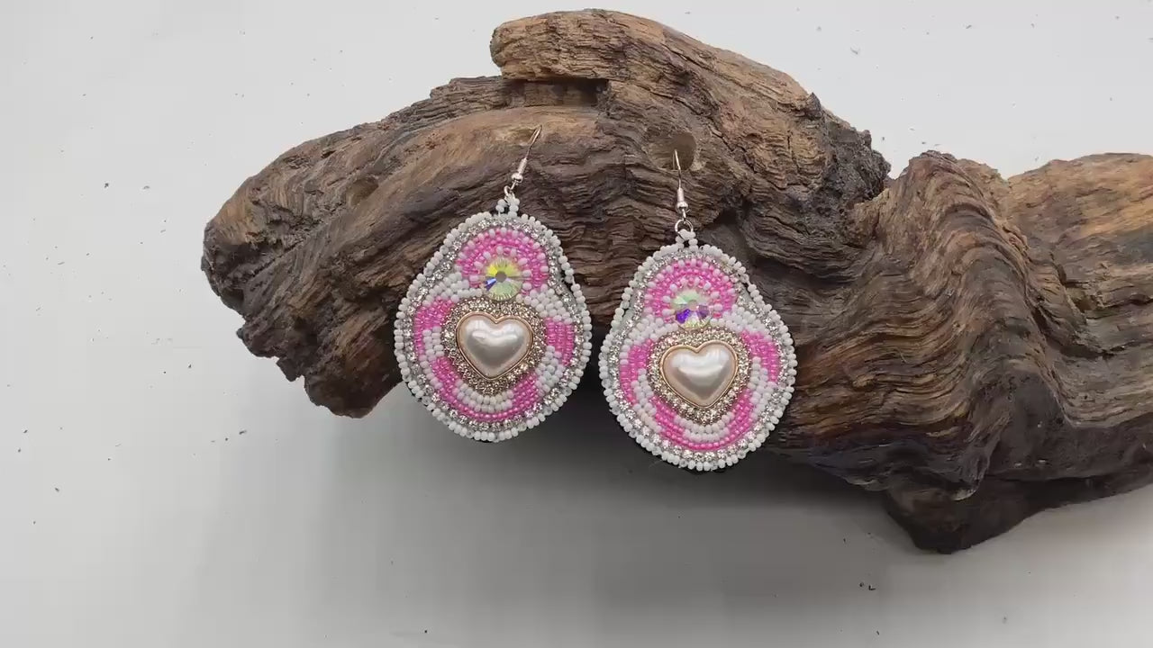 Hand Beaded Pink & White Heart Earrings – Authentic Anishinaabe Beadwork