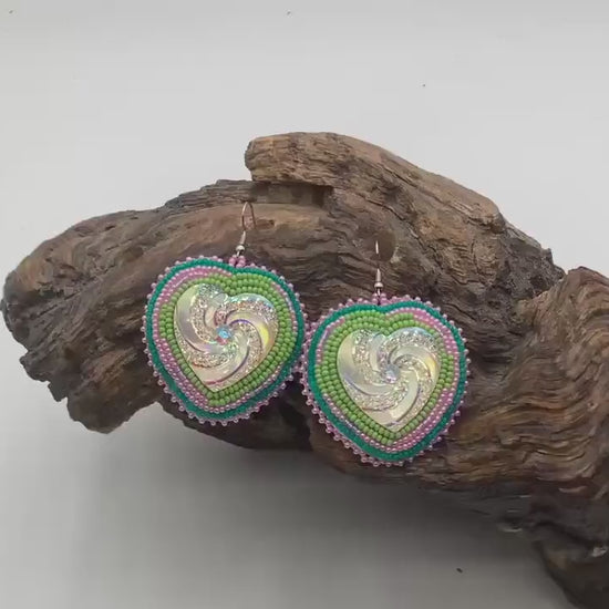 Iridescent Hand Beaded Heart Earrings - Anishinaabe/Ojibwe Beadwork