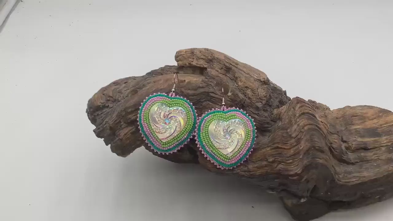 Iridescent Hand Beaded Heart Earrings - Anishinaabe/Ojibwe Beadwork